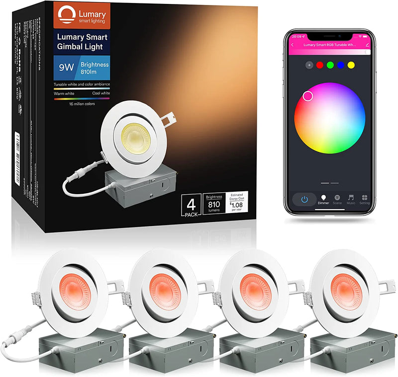 Lumary 4 Inch Smart Gimbal Recessed Lighting - Swivel Adjustable Eyeball Downlight with Junction Box, Color Changing Canless Wafer Lights, Work with Alexa/Google Assistant/Siri ETL Certified Home & Garden > Lighting > Flood & Spot Lights Lumary Rotation 40°-4PCS  
