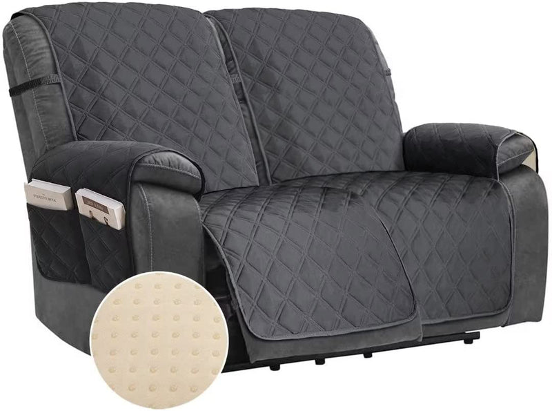 TOMORO Non Slip Loveseat Recliner Cover for Dogs - 100% Waterproof Quilted Sofa Slipcover Furniture Protector with 5 Storage Pockets, Washable Couch Cover with Elastic Straps for Kids and Pets Home & Garden > Decor > Chair & Sofa Cushions TOMORO Dark Gray 46"Recliner Loveseat 