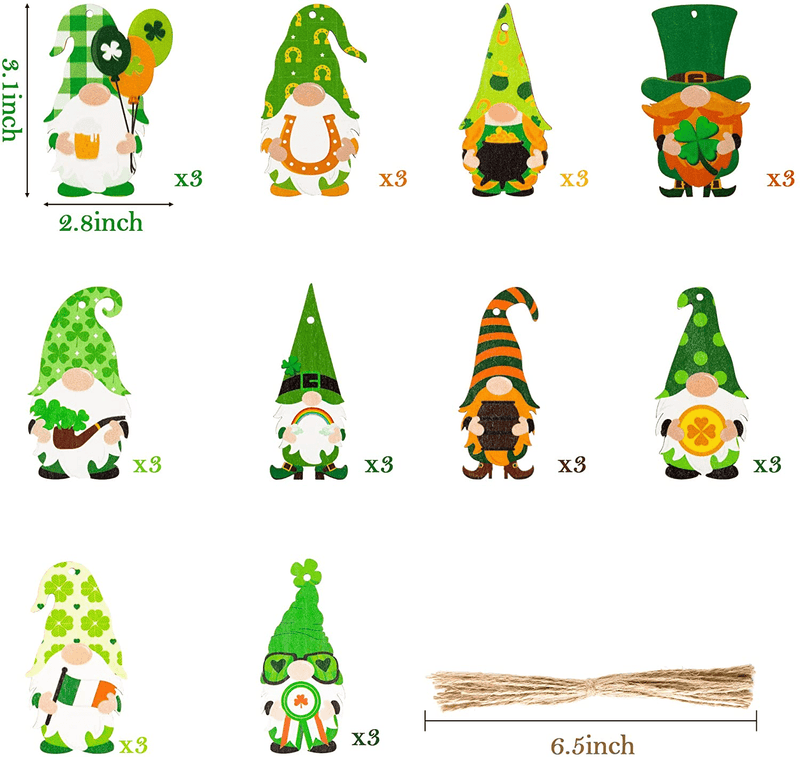 B1Ykin 30Pcs St. Patrick’S Day Wood Gnomes Ornaments Decoration Gift Tags Shamrock Pot of Gold Coin Elf Shaped Cutouts Tree Hanging Wooden Pendant Supplies for Irish Saint Patty’S Day Party Home Decor Arts & Entertainment > Party & Celebration > Party Supplies B1ykin   