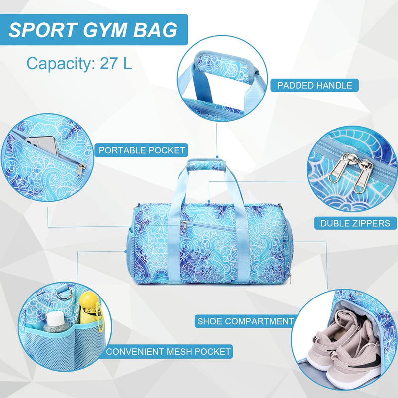 Girls Duffle Bag Weekender Duffel Sport Gym Bag with Shoe Compartment Wet Pocket for Women Girls Dance Bag (Blue Flower)