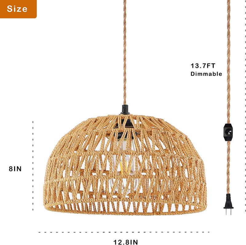 Plug in Pendant Light Rattan Hanging Lights with Plug in Cord Wicker Hanging Lamp with Woven Bamboo Basket Lamp Shade,Dimmable Switch,Boho Plug in Ceiling Light Fixtures for Kitchen,Farmhouse,Bedroom