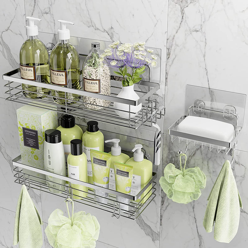 Orimade Shower Caddy with 5 Hooks Organizer for Hanging Razor and Sponge Bathroom Basket Adhesive Shower Shelf Storage Kitchen Rack Wall Mounted No Drilling Rustproof Stainless Steel - 2 Pack Home & Garden > Household Supplies > Storage & Organization Orimade Silver 3 Pack 