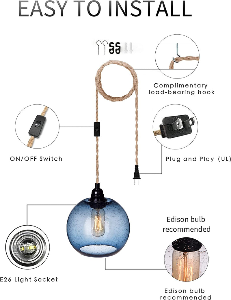 ARIAMOTION Plug in Pendant Lights with Cord Blue Glass Hanging Lighting 15 Ft Hemp Rope Seeded Bubble Globe 7.4" Diam 2-Pack Home & Garden > Lighting > Lighting Fixtures ARIAMOTION   