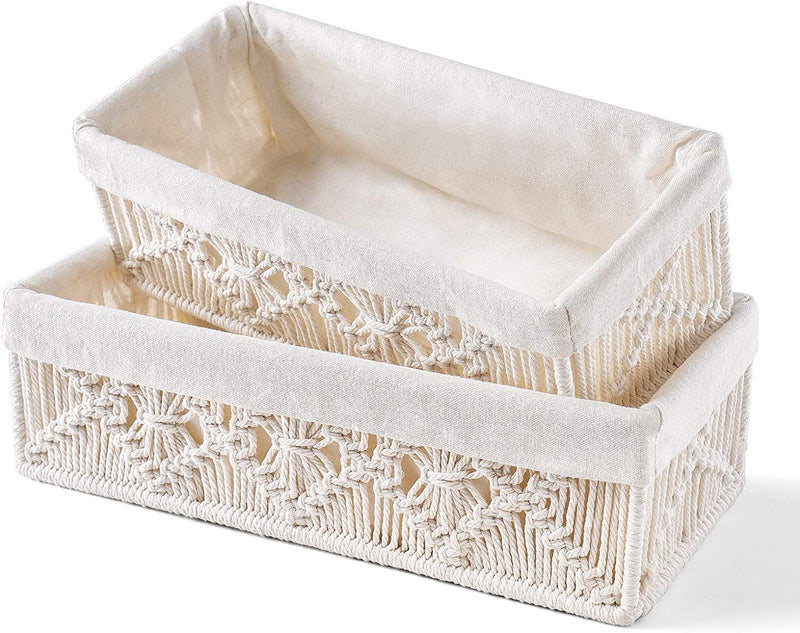 Mkono Macrame Storage Baskets for Organizing Boho Decor Bins with Removable Cloth Liner for Countertop round Paper Toilet Tank Shelf Cabinet Organizer for Bedroom Nursery Living Room, Set of 2, Ivory Home & Garden > Household Supplies > Storage & Organization Mkono   