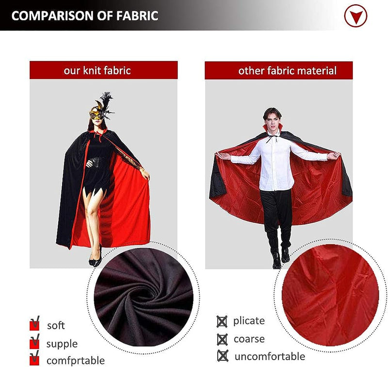 CAKKA Halloween Vampire Cloak, 55” Reversible Halloween Costume Cape with Vampire Teeth and Ears, Double Layer Magician Costume for Unisex Women and Men (Red and Black)