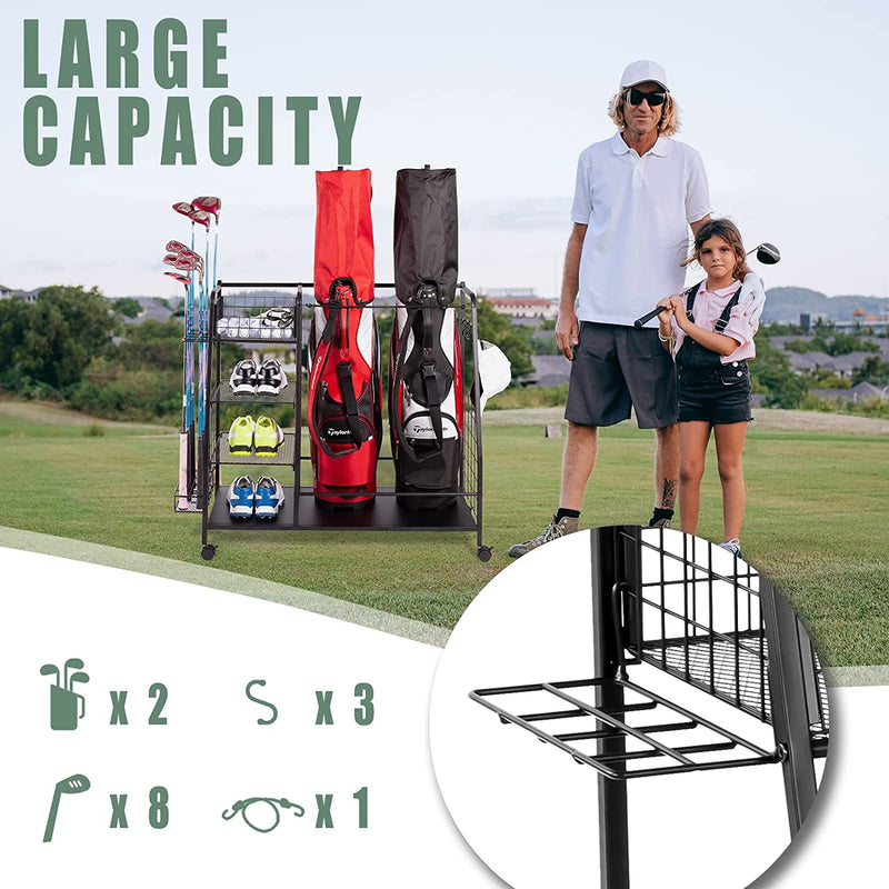 Staransun Golf Storage Rack - Golf Bag Organizer - Garage Storage for Golf Equipment with Side Golf Clubs Holder - Extra Large Golf Bag Stand for 2 Golf Bags and Golf Accessories - Easy Assemble Sporting Goods > Outdoor Recreation > Winter Sports & Activities Staransun   