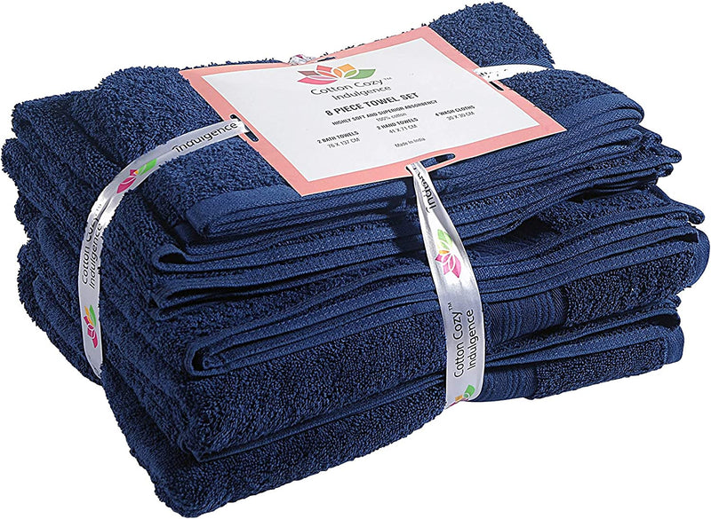 Cotton Cozy 600 GSM 8 Piece Towel Set 100% Cotton Indulgence, Luxury 2 Bath Towels, 2 Hand Towels & 4 Washcloth, Premium Hotel & Spa Quality, Highly Absorbent, Classic American Construction, Navy Blue Home & Garden > Linens & Bedding > Towels Cotton Cozy   