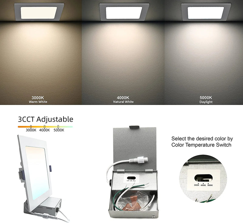 YUURTA (6-Pack) 6-Inch 12W Color Changeable/Selectable 3CCT: 3000K/4000K/5000K Recessed LED Downlight (Canless Pot Light) 120V Dimmable Slim Light Panel ETL Listed IC Rated (3CCT, Square White)