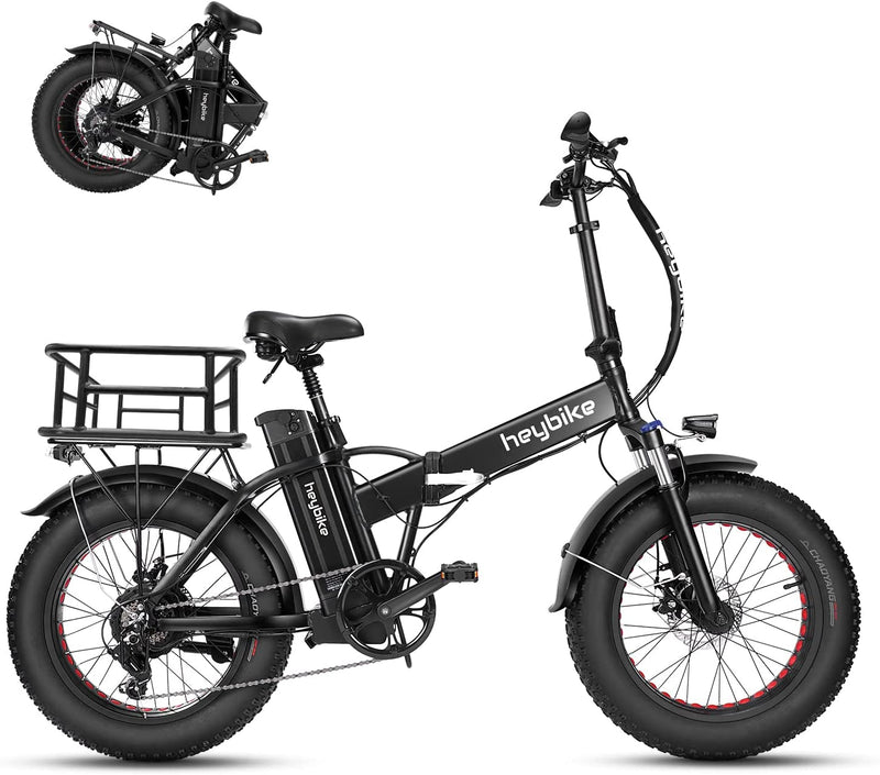 Heybike Mars Electric Bike Foldable 20" X 4.0 Fat Tire Electric Bicycle with 500W Motor, 48V 12.5AH Removable Battery and Dual Shock Absorber for Adults Sporting Goods > Outdoor Recreation > Cycling > Bicycles Heybike Black With Rear Basket 