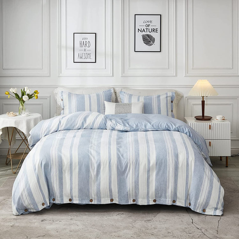 MUKKA Duvet Cover Set King Size (104*90 Inches) Heather Grey Coconut Button Closure Linen like Chambray Modern Style Elegant Soft Luxury& Breathable Comforter Covers Easy Care Home & Garden > Linens & Bedding > Bedding MUKKA HOME Stripe Blue King (1 Duvet Cover+2 Pillow Cases) 