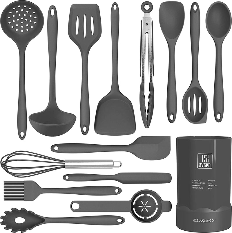 Dishwasher Safe Silicone Cooking Utensils Set - 446°F Heat Resistant Basic Silicone Kitchen Utensils,Turner Tongs, Spatula, Spoon, Brush, Whisk, Gadgets Tools for Nonstick Cookware (BPA Free - Grey) Home & Garden > Kitchen & Dining > Kitchen Tools & Utensils AVGPD Gray  
