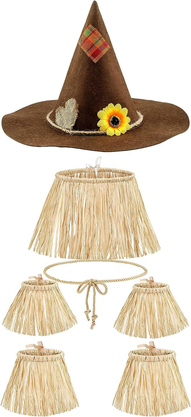 Geyoga 7 Pieces Scarecrow Costume Set Include Raffia Scarecrow Straw Kit Scarecrow Hat for Halloween Harvest Party Accessory