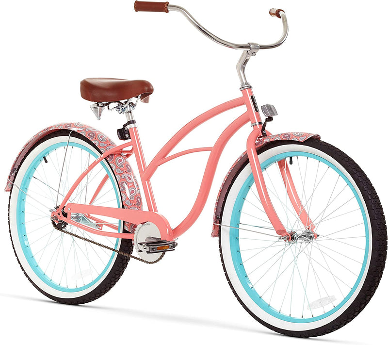 Sixthreezero Women'S Beach Cruiser Bicycle, 26" Wheels/17 Frame, 1-Sp, 3-Sp, 7-Sp, and 21-Sp Sporting Goods > Outdoor Recreation > Cycling > Bicycles Sixthreezero Enterprises, L.L.C. Coral Pink w/ Brown Seat/Grips 26" / 1-speed 