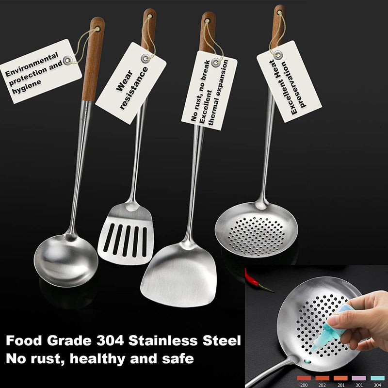 NIITAWH Wok Utensils for Carbon Steel, Stainless Steel Wok Spatula Metal, 4-Pieces 17 Inch Extra Long, Wok Tools Professional Set, Wooden Handle Skimmer, Soup Ladle, Slotted Turner