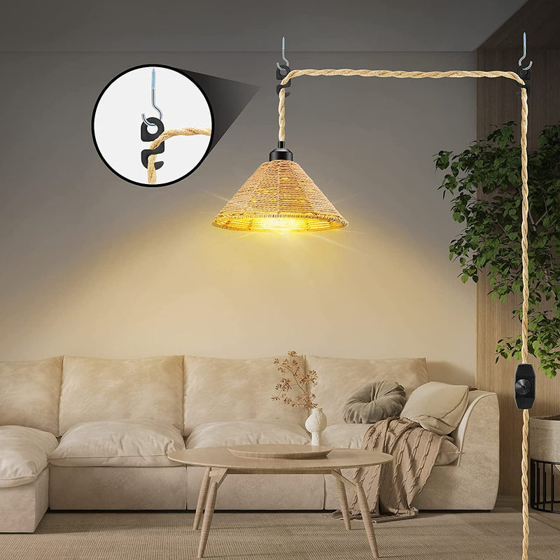 KEWANNO Plug in Pendant Light, Boho Hanging Light Fixture with Dimmable Bulb and Switch, 15Ft Hemp Rope Hand Woven Farmhouse Pendant Hanging Light with Plug in Cord for Living Room Bedroom Home & Garden > Lighting > Lighting Fixtures KEWANNO   
