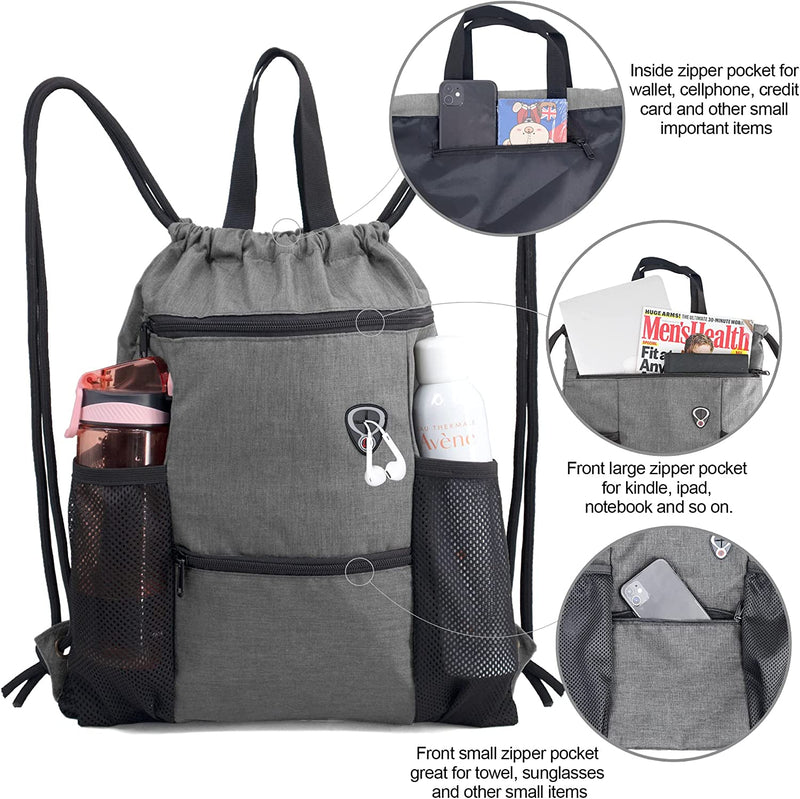Drawstring Backpack Bag String Cinch Sack Backpack W Zipper Pockets & Mesh Bottle Holders Large Gym Sports Beach Sackpack Home & Garden > Household Supplies > Storage & Organization BeeGreen   