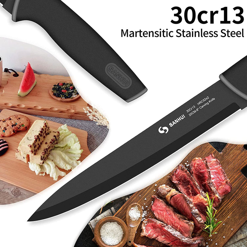 SANHUI 17 in 1 Black Knife Sets Acrylic Stand Stainless Steel Kitchen Knife Set with Block Contain 8 Piece Chef Knife Set 6-Piece Black Steak Knives with Scissor and Vegetable Peeler Knife