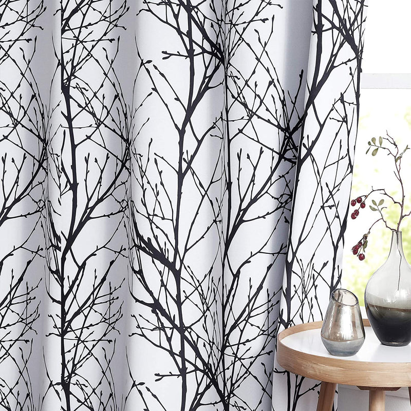 FMFUNCTEX White Tree Curtains for Bedroom 84Inch Half-Blackout Yellow Grey Print Branch Curtains for Living Room Window Treatment Set 50”W Grommet Top Set of 2