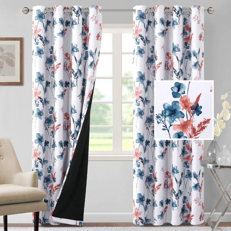 H.VERSAILTEX 100% Blackout Curtains 84 Inch Length 2 Panels Set Cattleya Floral Printed Drapes Leah Floral Thermal Curtains for Bedroom with Black Liner Sound Proof Curtains, Navy and Taupe Home & Garden > Decor > Window Treatments > Curtains & Drapes H.VERSAILTEX Stone Blue/Coral 52"W x 84"L 