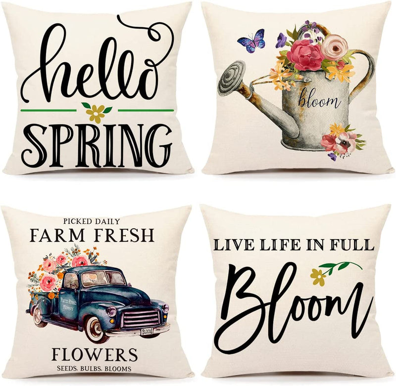 4TH Emotion Spring Pillow Covers 18X18 Set of 4 Farmhouse Decor Floral Bloom Truck Holiday Decorations Throw Cushion Case for Home Decorations TH091 Home & Garden > Decor > Seasonal & Holiday Decorations 4TH Emotion 20 X 20 inches  