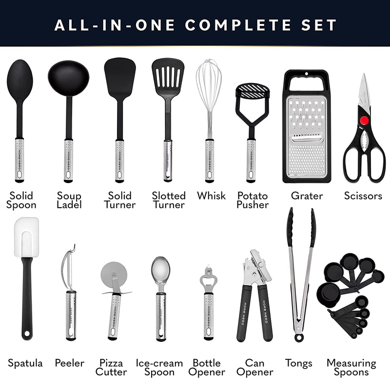 Home Hero Kitchen Utensils Set - Nylon & Stainless Steel Cooking Utensils Set - Non-Stick Kitchen Utensils with Spatula - 25 Pc Set
