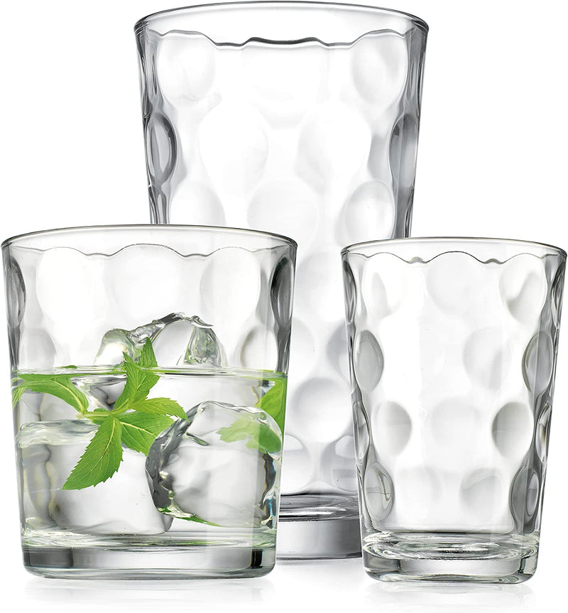 Glassware Set 18 Piece Mixed Drinkware. Set of 6 Glass Tumblers 17 Oz., Set of 6 Rock 13 Oz. and Set of 6 Juice 7 Oz. Home Essentials & beyond Glass Cups Drinking Glasses. Home & Garden > Kitchen & Dining > Tableware > Drinkware Home Essentials & Beyond   