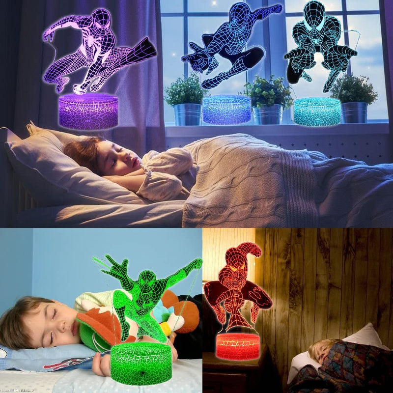 Superhero Night Light for Kids, 5 Patterns Spiderhero 3D Anime Illusion Lamp with 16 Colors Changing Remote Smart Touch Lights Bedroom-Gamer Room Gifts Toys for Boys Men Christmas Birthday Gifts