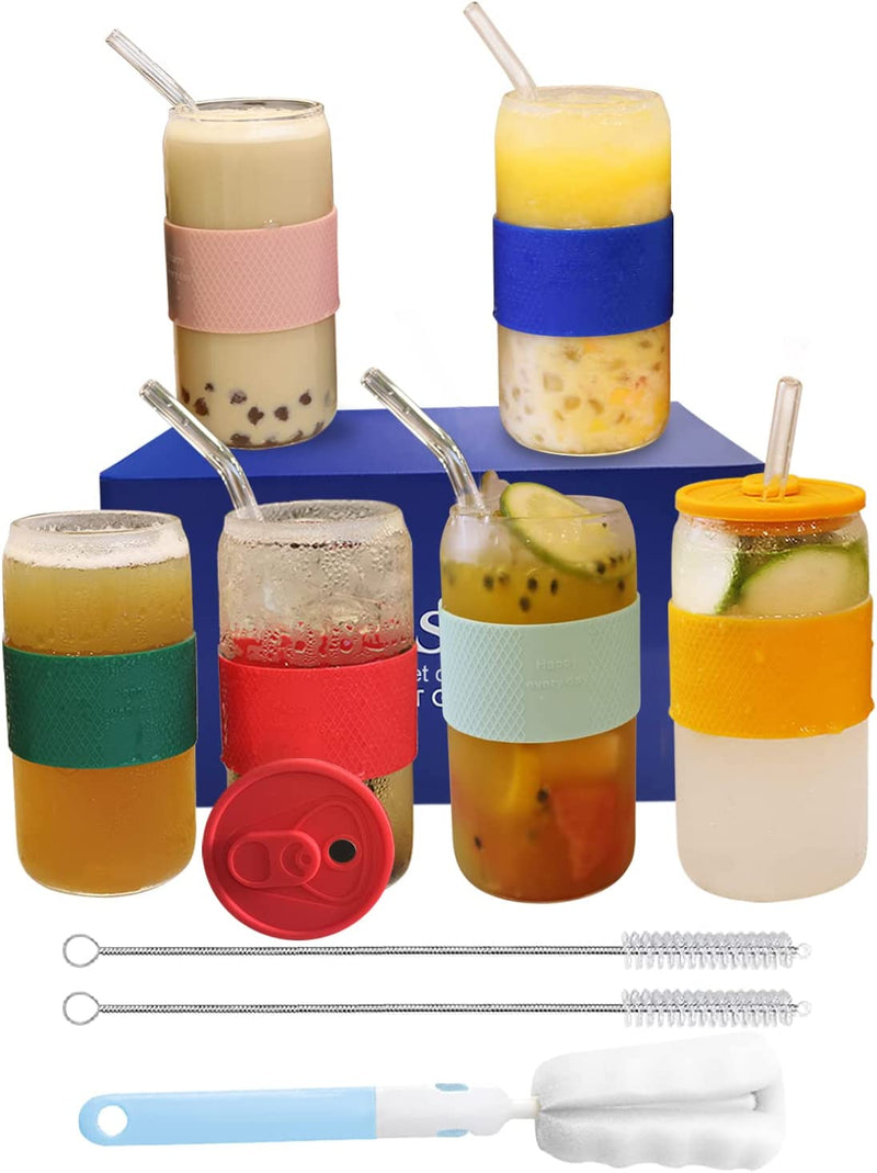 Drinking Glasses,Glass Cups-4 Set-16 Oz-Beer Can Glass with Lids and Straw- with Colorful Silicone Sleeve Beer Glasses,Iced Coffee Glasses,Top-Rack Dishwasher Safe- Gifts Essentials Home & Garden > Kitchen & Dining > Tableware > Drinkware catapamey 6 Count (Pack of 1)  