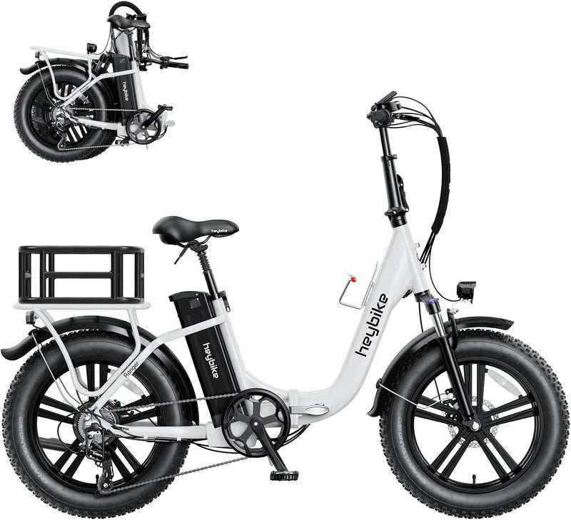 Heybike Ranger Electric Bike for Adults Foldable 20" X 4.0 Fat Tire Step-Thru Electric Bicycle with 500W Motor, 48V 15AH Removable Batteryand Dual Shock Absorber Sporting Goods > Outdoor Recreation > Cycling > Bicycles Heybike White Ranger White-rear Basket 
