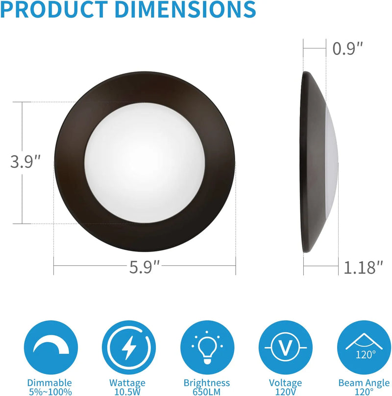 ECOELER LED Dimmable Recessed Downlight Fixture, 5000K Daylight, Brown Surface Mount LED Ceiling Light, Suitable for Wet Locations, Aluminum Baffle Trim, 650Lm (4 Pack)