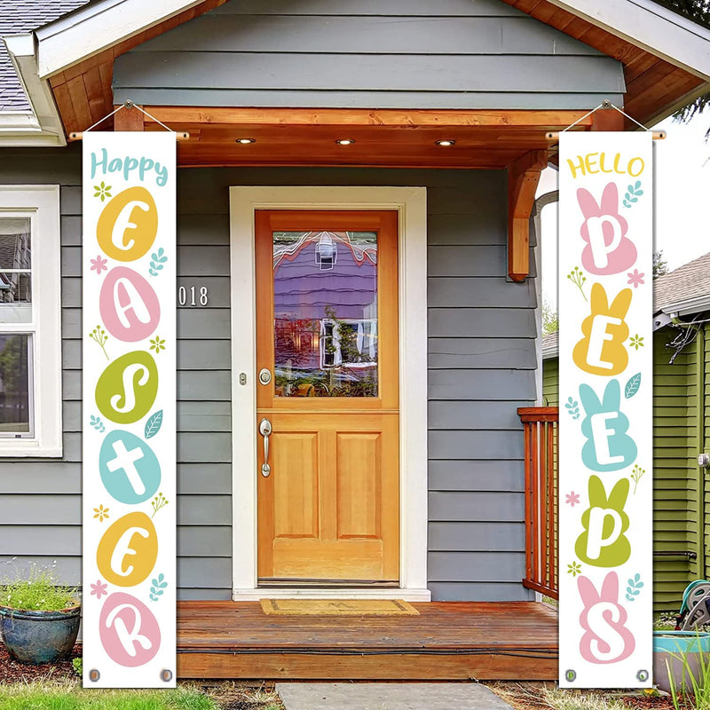 Easter Banner Porch Sign Bunny Eggs Happy Easter Spring Hanging Flag for Indoor Outdoor Home Party Wall Decoration 12 X 71 Inch Home & Garden > Decor > Seasonal & Holiday Decorations GAGEC   