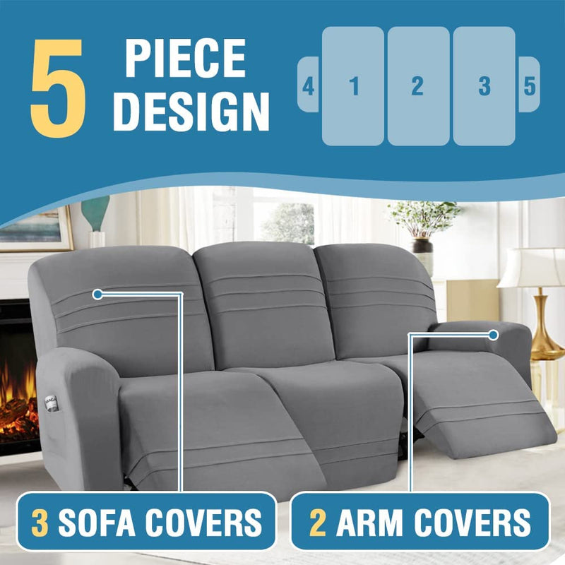 H.VERSAILTEX 2022 New Version 5-Pieces Recliner Sofa Covers Stretch Reclining Couch Covers for 3 Cushion Reclining Sofa Slipcovers Furniture Covers Form Fit Customized Style Thick Soft, Gray Home & Garden > Decor > Chair & Sofa Cushions H.VERSAILTEX   