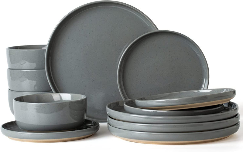 Famiware Plates and Bowls Set, 12 Pieces Dinnerware Sets, Dishes Set for 4, Cinnamon Brown Home & Garden > Kitchen & Dining > Tableware > Dinnerware famiware Dark Gray M  