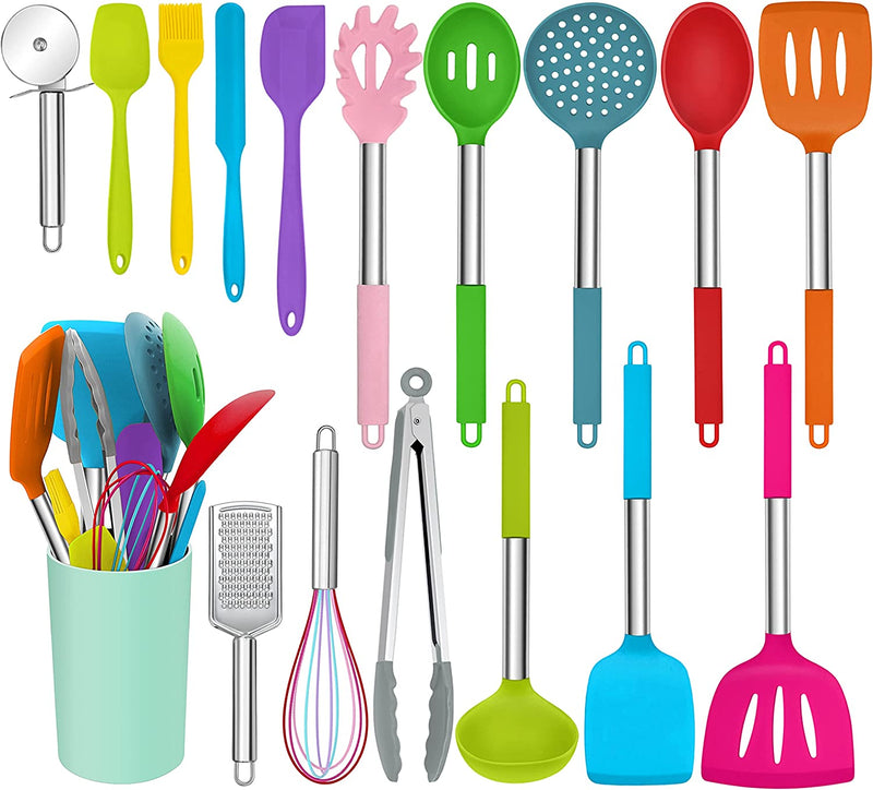 Homikit 17 Pieces Silicone Kitchen Utensils with Holder, Blue Cooking Utensils Sets Stainless Steel Handle, Nonstick Kitchen Tools Include Spatula Spoons Turner Pizza Cutter, Heat Resistant Home & Garden > Kitchen & Dining > Kitchen Tools & Utensils Homikit Colorful  