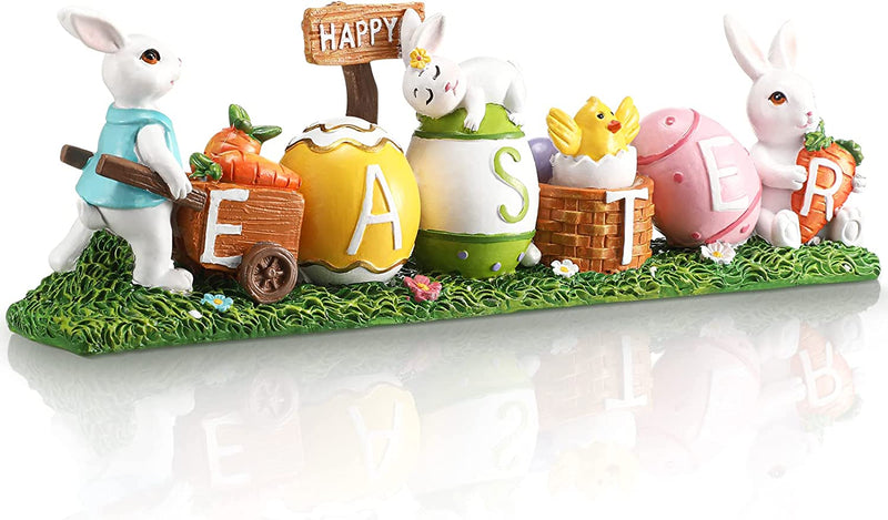 Fumete Happy Easter Decorations Resin Bunny Decorations Easter Table Decorations Spring Bunny Figurines Home Decor with Colorful Eggs and Carrots for Household and Office Table Decoration Home & Garden > Decor > Seasonal & Holiday Decorations Fumete   