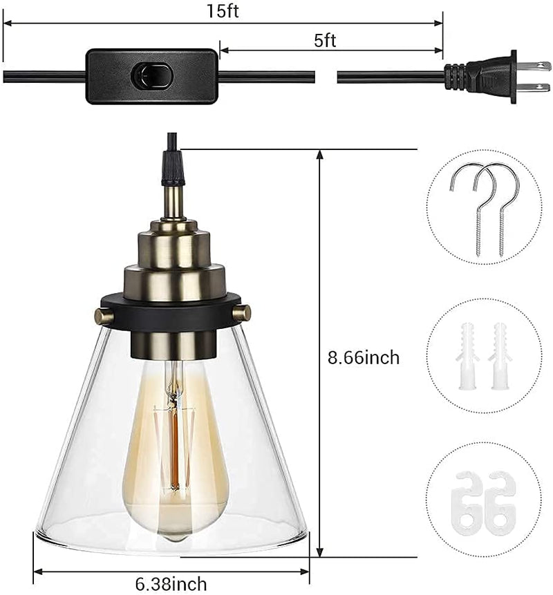 DEWENWILS Plug in Pendant Light, Transparent Glass Ceiling Light for Kitchen, Living Room, Bedroom, Dining Hall, Book Room, Plug Hanging Light with 15FT Cord and On/Off Switch, ETL Listed Home & Garden > Lighting > Lighting Fixtures DEWENWILS   