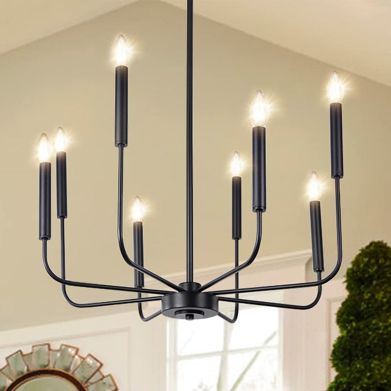 Wellmet Matte Black Farmhouse Chandeliers Light, 8-Light Classic Candle Ceiling Hanging Light Fixture Rustic Pendant Lighting for Kitchen Island, Dining Room, Living Room, 26" D