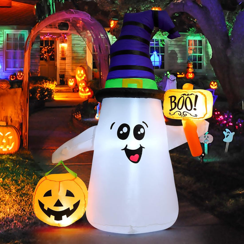 GOOSH 5FT Inflatable Halloween Cute Ghost with Pumpkin Blow up Inflatables Halloween Outdoor Yard Decoration  COMIN   