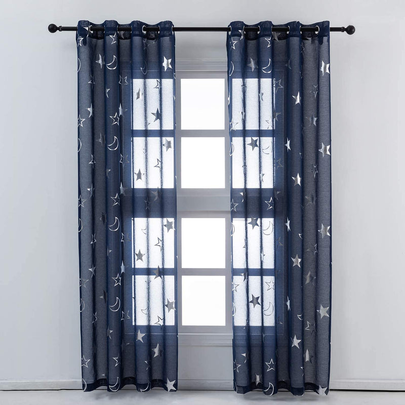 Kotile Kids Room Curtains Star - Metallic Silver Foil Stars Moon Design Grey Sheer Curtains for Boys Room Grommet Top Light Filtering Privacy Voile Drapes, 52 X 95 Inch, 2 Panels, Grey Home & Garden > Decor > Window Treatments > Curtains & Drapes Kotile Silver Navy W52" x L84" 