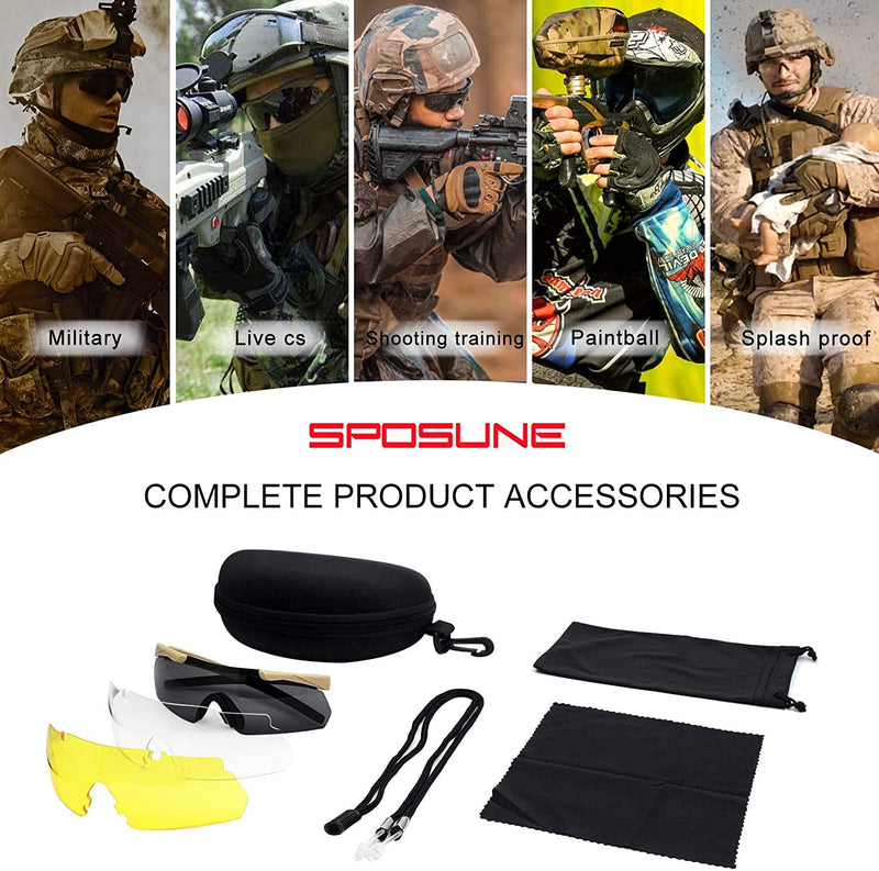 SPOSUNE Tactical Glasses with 3 Interchangeable Lenses , anti Fog Shooting Glasses Unisex Sunglasses for Cycling Compact Sporting Goods > Outdoor Recreation > Cycling > Cycling Apparel & Accessories sposune   