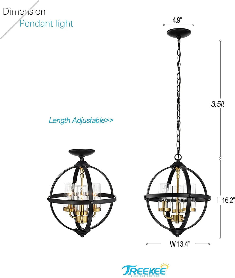 Treekee Rustic Chandelier, 14" Black and Gold Finish Glass Cover Luxurious Hanging Light, 3 Lights Globe Vintage Pendant Ceiling Light Fixtures for Living Room Entry Way Hallway Kitchen Dining Room Home & Garden > Lighting > Lighting Fixtures Treekee   