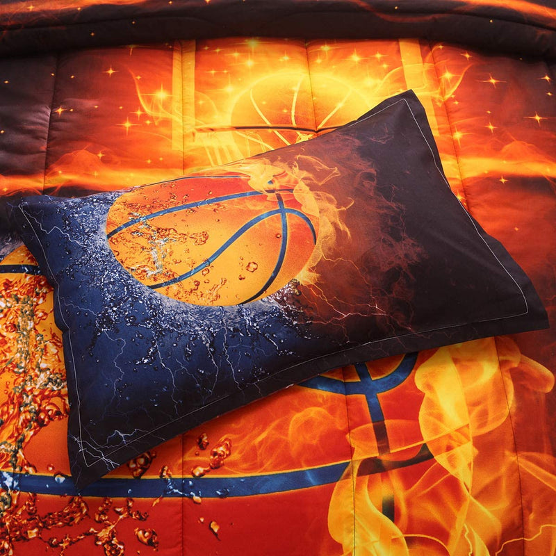 NTBED Basketball Comforter Sets Twin for Boys Teens, 3-Pieces Sports Bedding (1 Basketball Comforter with 2 Pillow Shams),Reversible Fire Printed Quilt Set