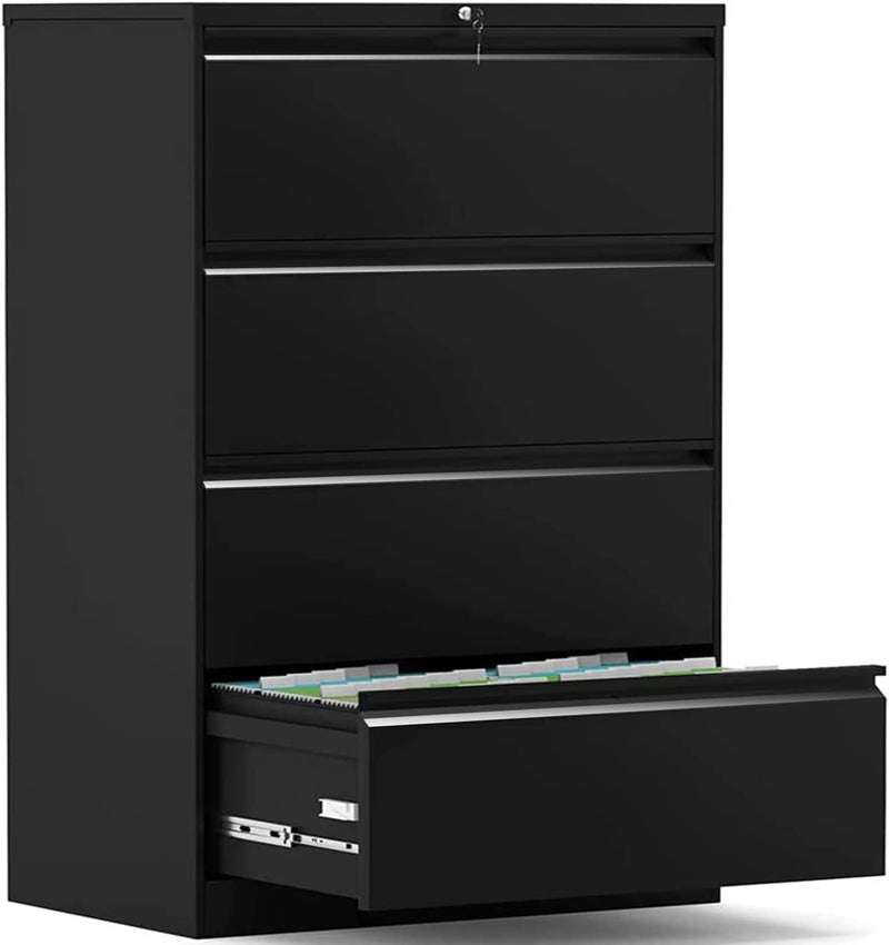 Greenvelly 3 Drawer File Cabinet, Lateral Filing Cabinet with Lock, Locking Metal Steel File Drawers Cabinet for Home Office, Horizontal File Cabinets for Legal/Letter/A4/F4 Size with Hanging Bars&Key Home & Garden > Household Supplies > Storage & Organization Greenvelly Black 4 drawer 