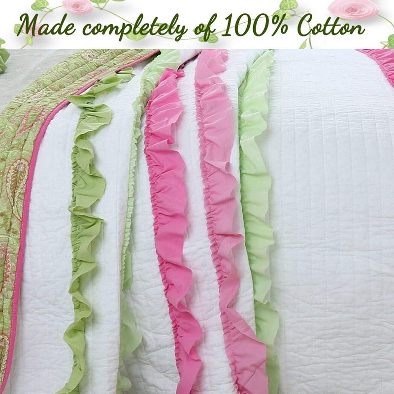 Cozy Line Home Fashions Pink Green Chic Ruffles Girl 100% Cotton Reversible Quilt Bedding Set, Coverlet, Bedspreads (Twin - 2 Piece: 1 Quilt + 1 Sham) Home & Garden > Linens & Bedding > Bedding Cozy Line Home Fashions   