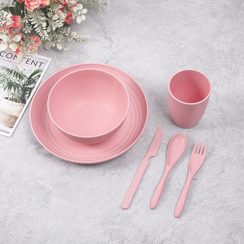 ECOSTAR Wheat Straw Dinnerware Sets - 28-Piece Unbreakable Dinnerware Set, Microwave and Dishwasher Safe - Utensil Sets, Plate and Bowl Sets for Party, Picnic, Camping, Dorm (Pink)