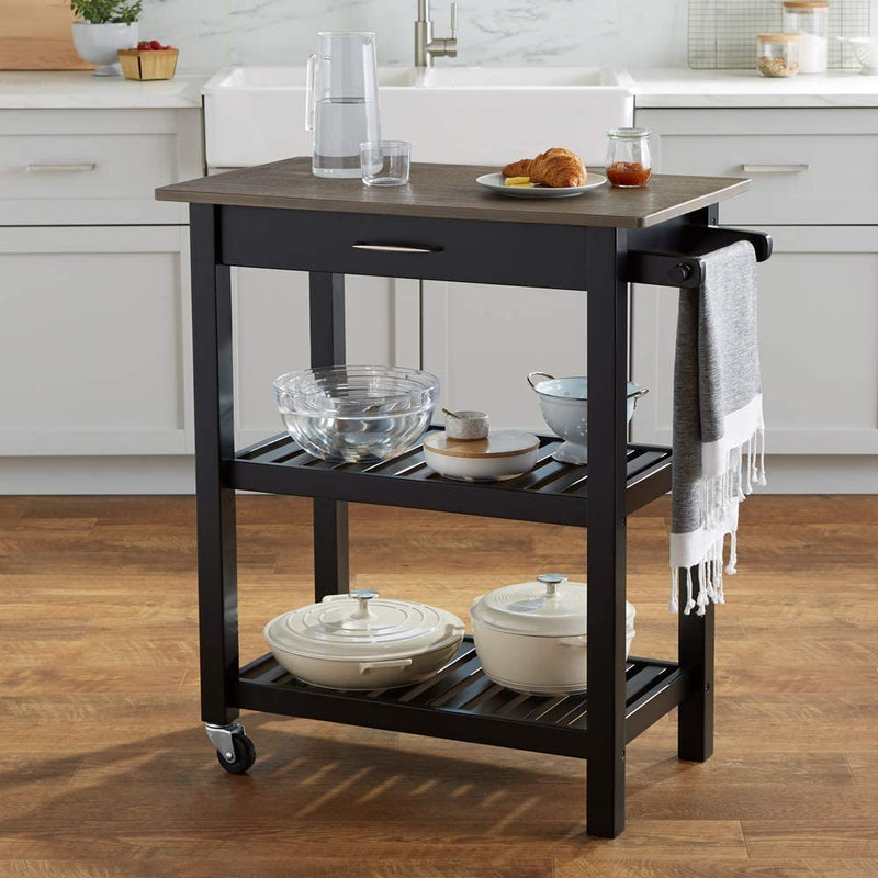 Kitchen Island Cart with Storage, Solid Wood Top and Wheels - Gray-Wash / Black Home & Garden > Linens & Bedding > Bedding KOL DEALS   
