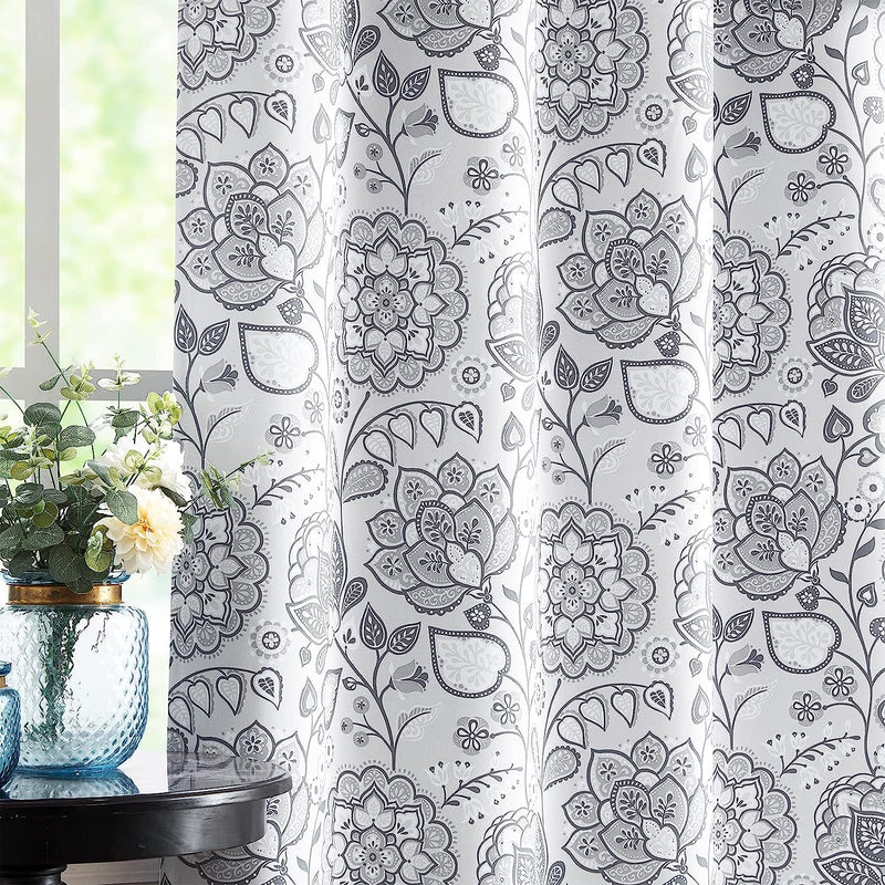 FMFUNCTEX Blue White Blackout Curtains for Living-Room 84Inch Floral Printed Window Curtains for Bedroom Thermal Insulated Energy Saving Blossom Curtain Panels 50W 2 Pcs Grommet Top