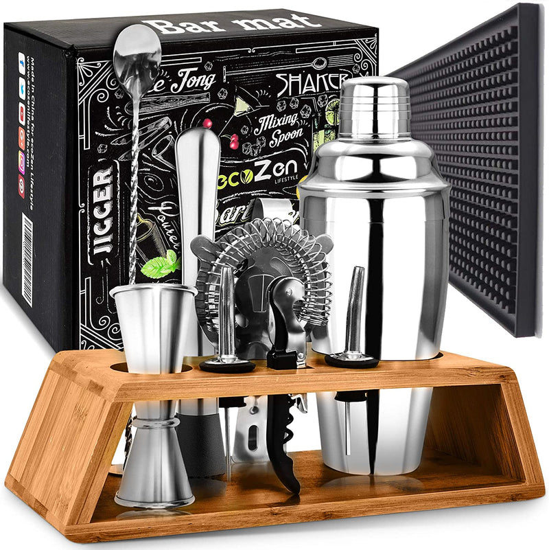 Cocktail Shaker Set Bartender Kit with Stand and Bar Mat | Essential Bar Accessories and Barware for the Home Bar Kit I Mixology Bartending Kit and Drink Mixing Tools