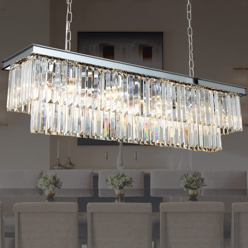 Antilisha Rectangular Crystal Chandelier Lighting Modern K9 Pendant Ceiling Chandeliers 10 Lights for Dining Room Kitchen Island Dinning Table Rectangle Linear Chandeliers Fixture L39.4" W10.2" Home & Garden > Lighting > Lighting Fixtures > Chandeliers ANTILISHA Chrome 39.4''  
