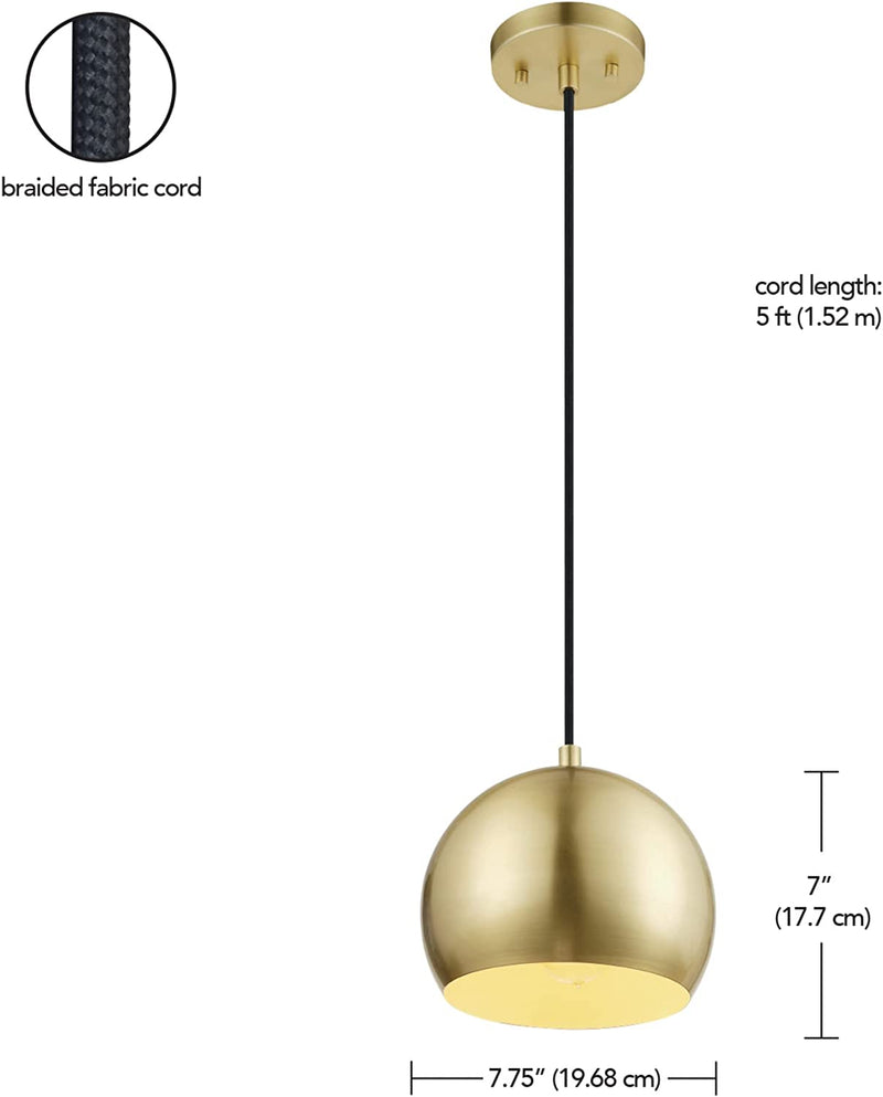 Globe Electric 60617 1-Light Pendant Light, Matte Brass, Black Woven Fabric Hanging Cord, E26 Base Socket, Kitchen Island, Café, Decorative, Ceiling Hanging Light Fixture, Adjustable Height, Modern
